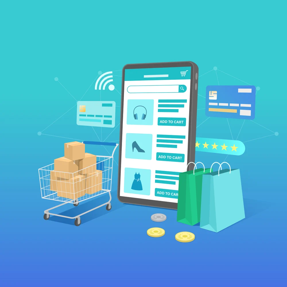 Illustration of a mobile store with a filled cart, payment cards, and delivery bags
